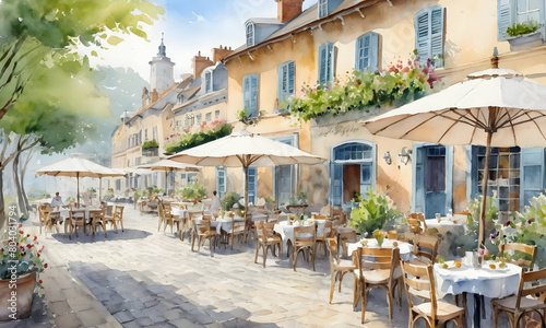 Charming pastel outdoor dining scene in watercolor. Romantic dining at terrace. AI Illustration. photo