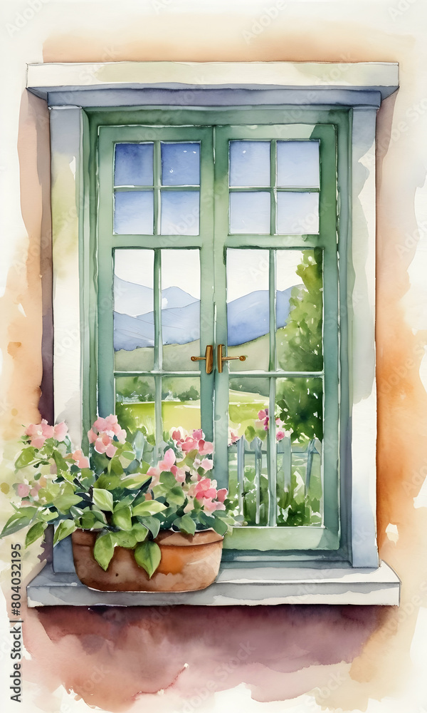Rustic Window with pastoral watercolor scene. Visual for home decor and lifestyle magazines. AI Illustration.