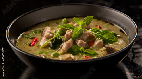 Overhead shot capturing the rustic elegance of a Thai green chicken curry bowl