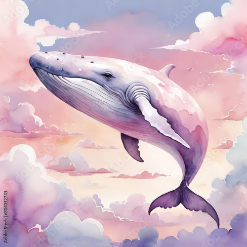 A whimsically created pink whale appears to soar effortlessly in a sky brushed with soft shades of pink  purple