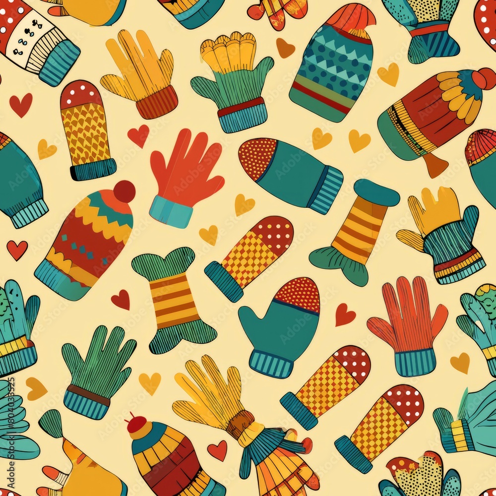 Seamless pattern of woolen mittens and scarves keeping everyone warm, Generative AI