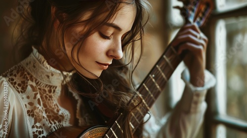 A beautiful girl with long brown hair playing the guitar and singing photo