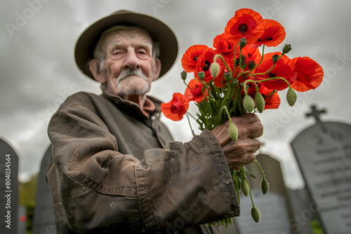 Portrait shot of an old veteran holding a bouquet of red poppies in military cemetery on Veteran Day.