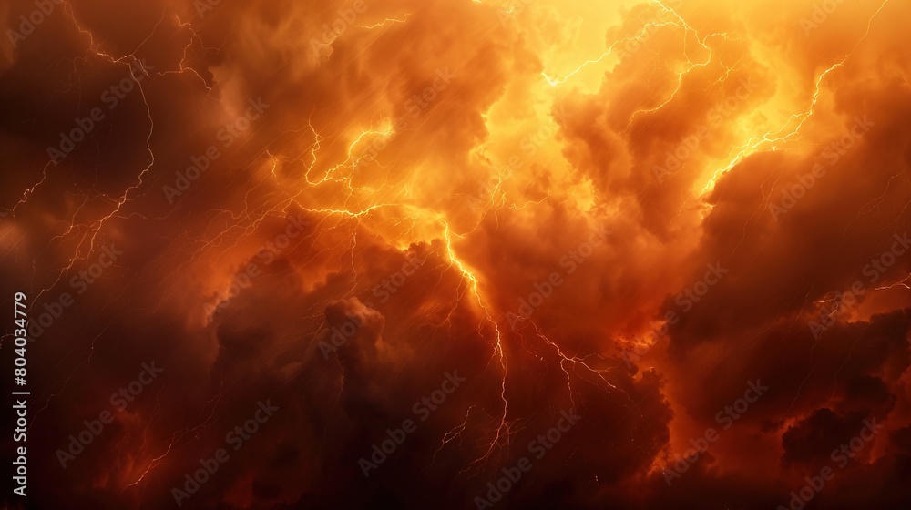 Powerful lightning storm with dark clouds and orange light. Dramatic storm warning weather background banner.