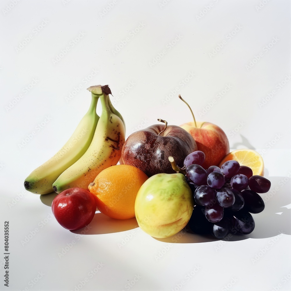 Assorted fresh fruits spread out on a white surface Assorted fresh fruits spread out on a white surface