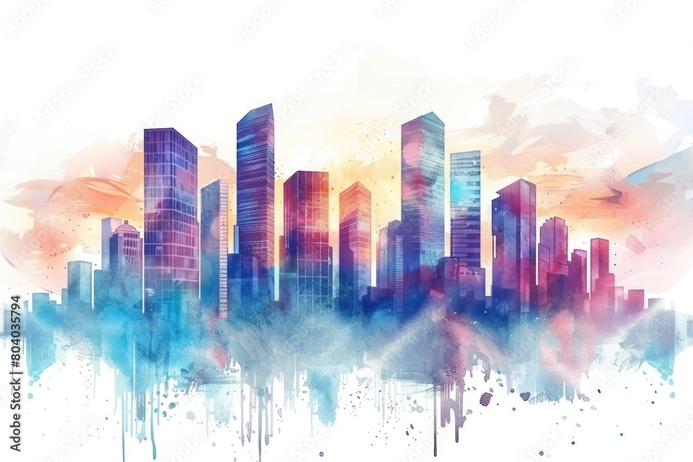 Detailed watercolor painting of a city skyline, perfect for urban-themed designs