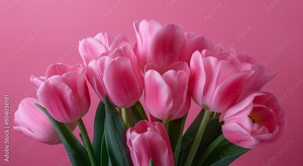 Fototapeta premium Pink tulips on pink background. Studio floral composition, banner with copy space for greeting cards, invitations, and Mother's Day themes.
