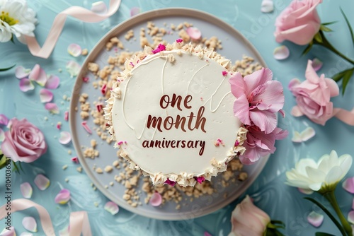 top view of a cake with text "one month anniversary", flat lay, confetti