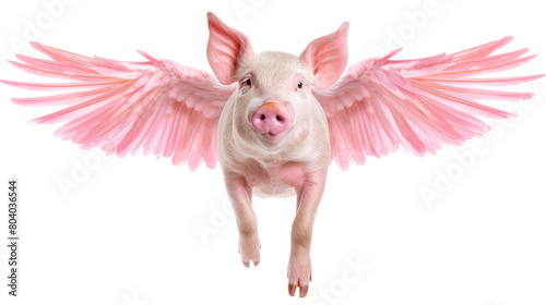 Pink flying pig with wings isolated on transparent background.