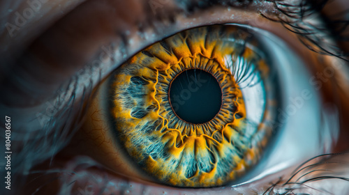 This image captures the unique patterns and vibrant colors of a human eyeball's iris with immersive macro photography