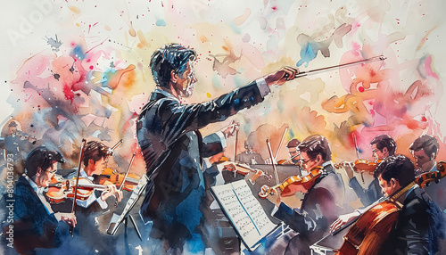 A painting of a conductor leading a group of musicians photo