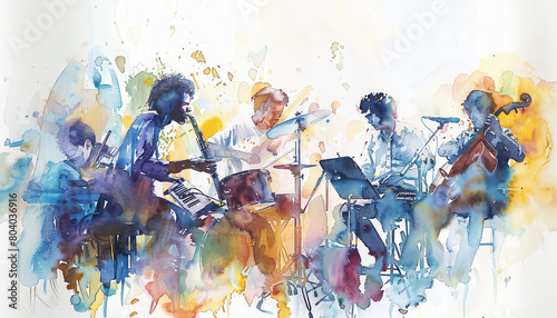 A group of musicians playing instruments in a colorful painting photo