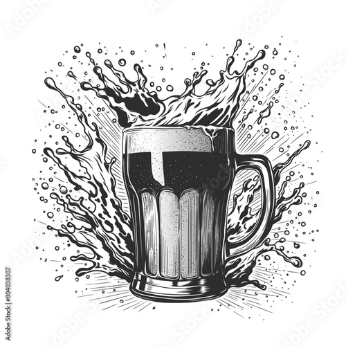 Engraving of beer glass with splash and drops. Ink hand drawn Vintage vector sketch for web, poster, invitation, menu, bar, octoberfest. Monochrome design element isolated on white background.