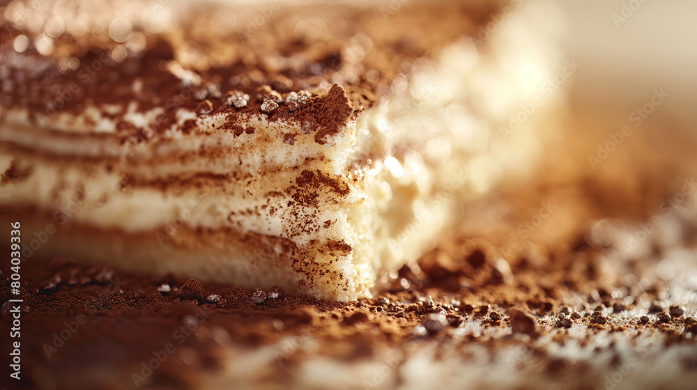 A tantalizing close-up of a tiramisu, with focus on the cocoa and cream layers, evoking the dessert's rich texture and flavor