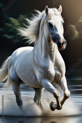 Beautiful white horse galloping in the water in Motion Blur. © elena_hramowa