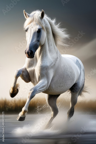 Beautiful white horse galloping in the water in Motion Blur.