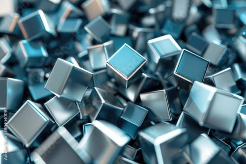 A pile of shiny metal cubes on a white surface. Suitable for technology or industrial concepts