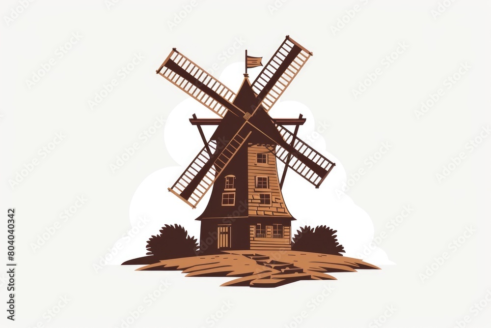 Obraz premium A picturesque windmill with a flag waving on top. Suitable for travel and countryside themes