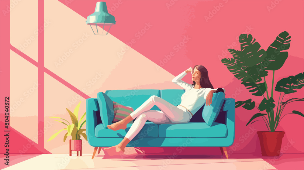 Mature woman relaxing on sofa near pink wall Vector style