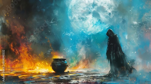 A fantasystyle painting of a mystical figure watching over a cauldron with a boiling Earth, representing the oversight of human activities causing global warming #804040332