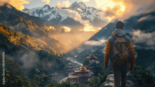 Traveler with backpack gazes at lake from rock in natural landscape photo