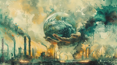 A conceptual image of a giant hand stirring a pot with the Earth boiling inside, set against a backdrop of industrial smokestacks emitting smoke