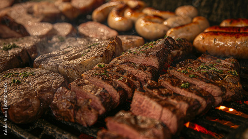 Sizzling array of grilled steak cuts and sausages perfect for a summer cookout gathering