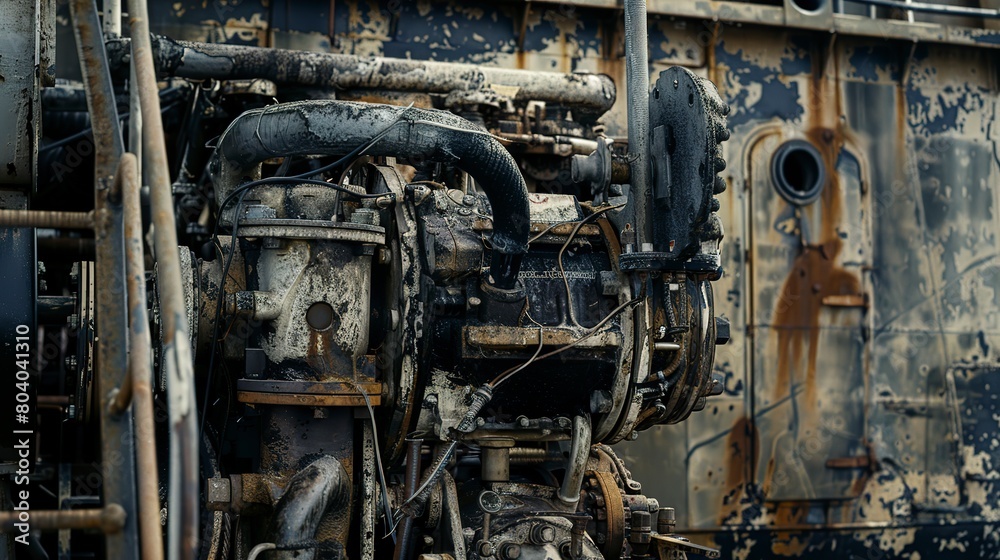 Detailed shot of a ship's diesel engine, focusing on marine transportation's dependence on heavy fuel oil. 