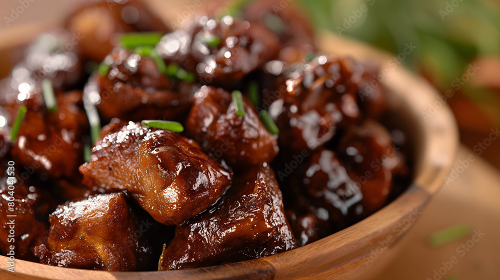 Tender barbecued chicken morsels coated in a glossy sauce served in a wooden bowl