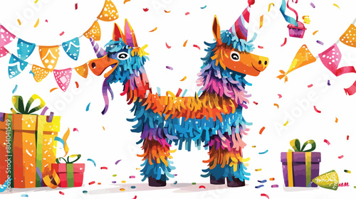 Mexican pinata with party hat and gifts on white backgroun