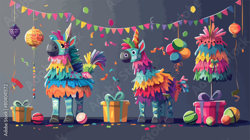 Mexican pinatas with gifts and balls on grey backgroun