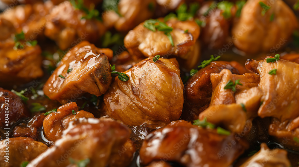 Delectable close-up of roasted chicken pieces served and garnished with chopped herbs Delectable close-up of roasted chicken pieces served and garnished with chopped herbs