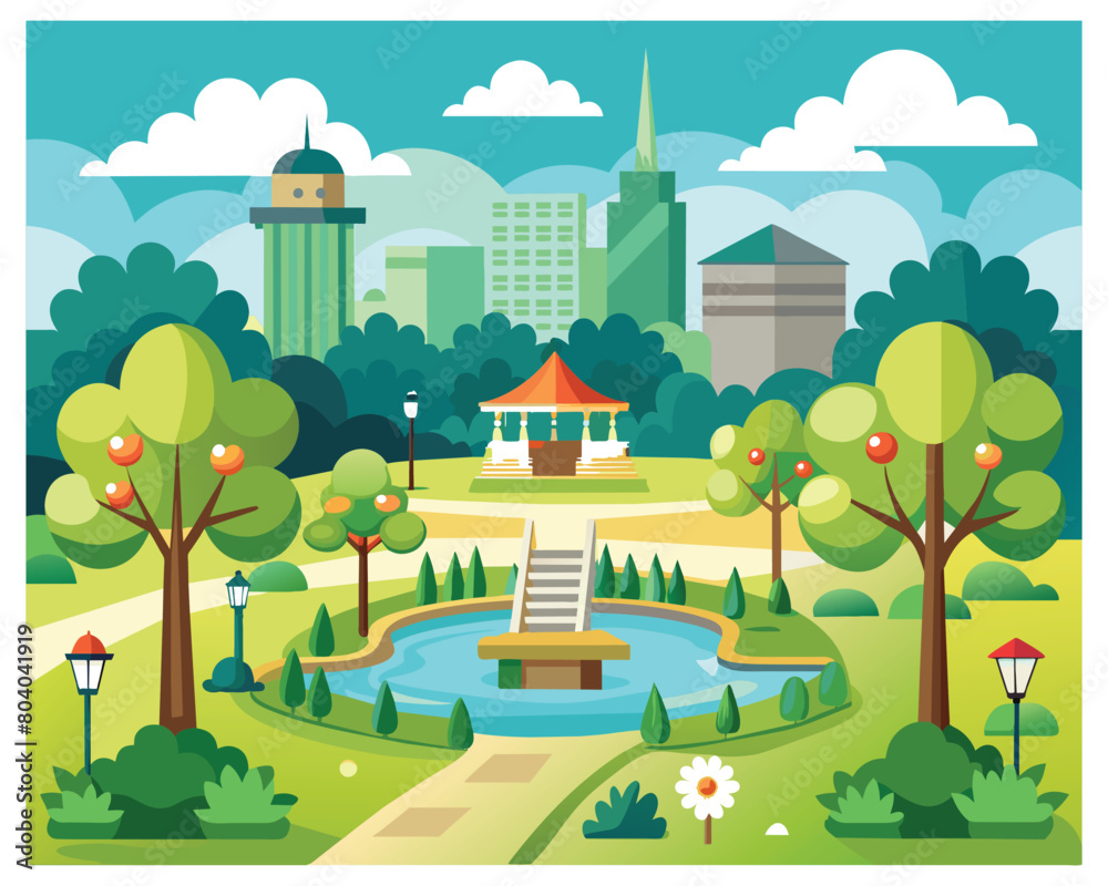 Green park with beautiful landscape and mountains vector illustration
