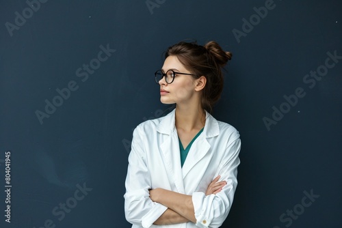 Beautiful model with glasses wears white corporate suits with a navy solid background