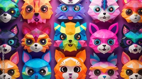 Digital set of animated cute animal avatars with exaggerated toylike features each engaged in lively motions on multicolored kaleidoscopic backgrounds
