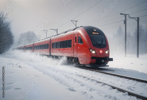 Red train plowing thrugh deep snow , leaving a mist of snow behind it photo