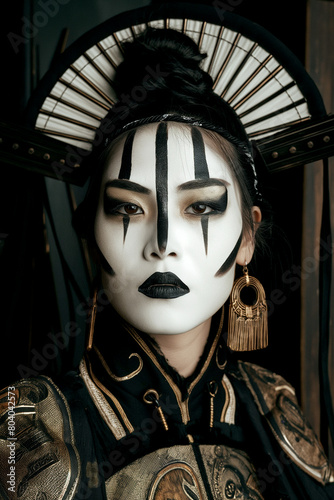 Young beautiful Asian women with futuristic makeup and costumes in ancient Chinese or Japanese princess 