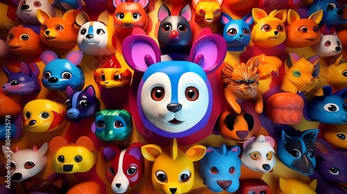 Gallery of cute toyfaced animal avatars in 3D each captured in midaction and presented against a dynamic randomly colored kaleidoscopic background