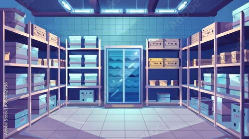 Cold room in warehouse with unfilled metal racks. Modern cartoon interior of industrial storage freezer with shelves, tiled walls, and floor. Refrigerator chamber in factory, store, or restaurant. © Mark
