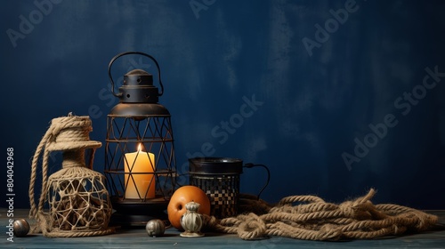 Rustic nautical decor composition featuring old fishing nets and a vintage candle lantern artfully arranged against a solid dark blue background for a maritime theme photo