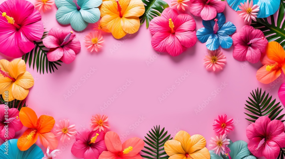Vibrant stock photo of a colorful Aloha Welcome banner featuring bold lettering and hibiscus flower accents set against a solid pink background for a warm and inviting feel