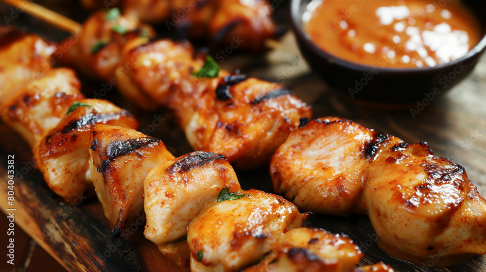 Savory grilled chicken skewers in close view, paired with a tangy sauce that elevates its flavors suitable for any feast