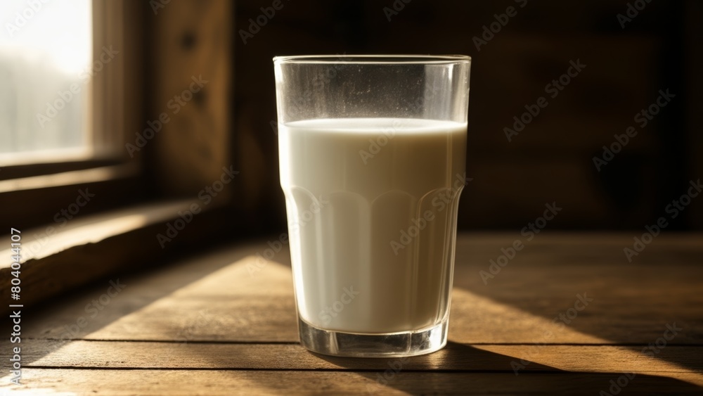 Freshly poured glass of milk on a wooden table Freshly poured glass of milk on a wooden table