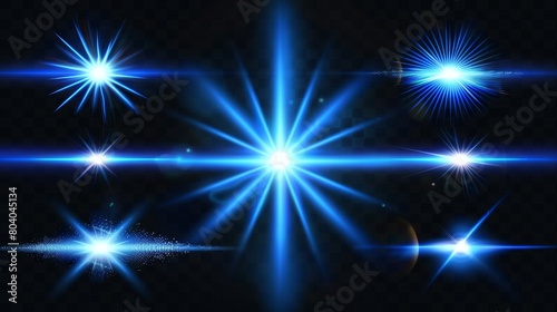 Light flares on transparent background  isolated on blue beams. Modern realistic set of glare effects  spotlight glow with gleams  halo and rays.