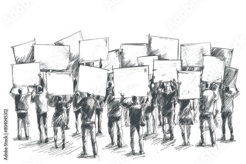 A drawing of a diverse group of people holding up signs. Ideal for social issues and protest concepts