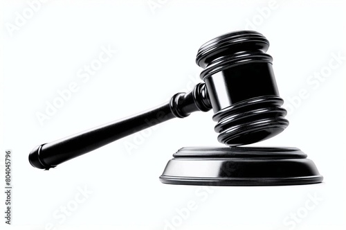 A black gavel is on a wooden surface