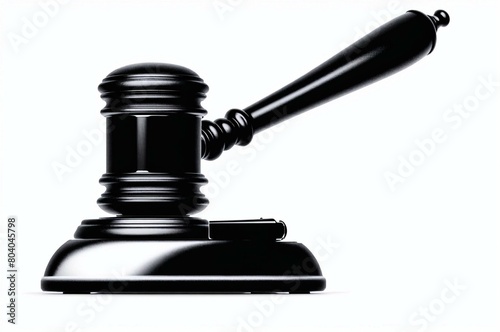 A black gavel sits on a white background
