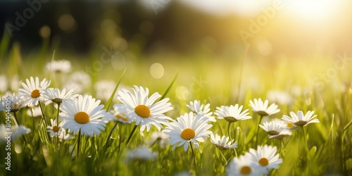 Daisies blooming in lush grass. Summer and nature concept for greeting cards and wallpapers. Banner with copy space. © NeuroCake