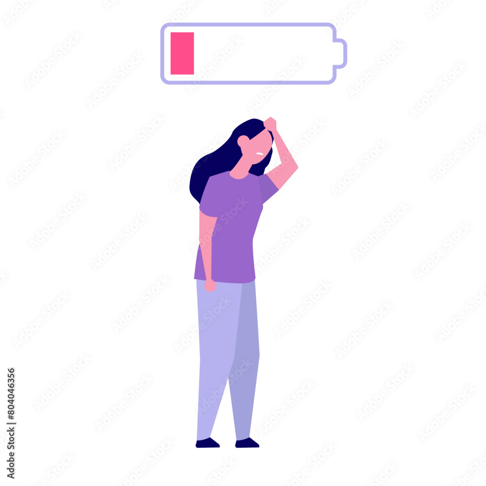 Woman vital energy, Burnout, headache concept. Flat vector illustration Woman vital energy, Burnout, headache concept. Flat vector illustration