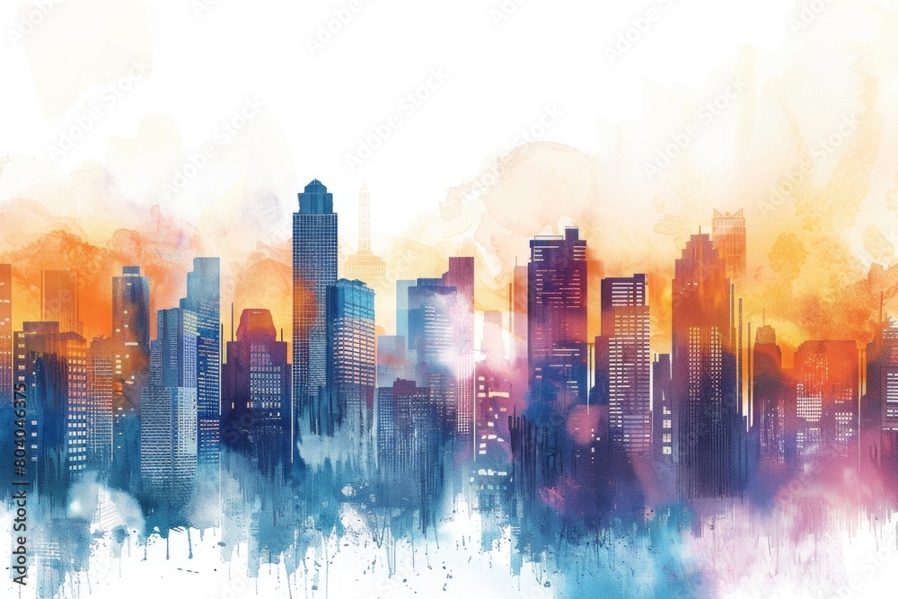 Vibrant watercolor painting of a city skyline, perfect for urban-themed designs